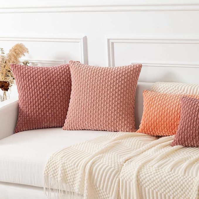 Kevin Textile Valentines Day Throw Pillow Covers Soft Corduroy Decorative Set of 2 Boho Striped Pillow Covers Pillowcases Farmhouse Home Decor for Couch Bed Sofa Living Room 22x22 Inch Blush Pink