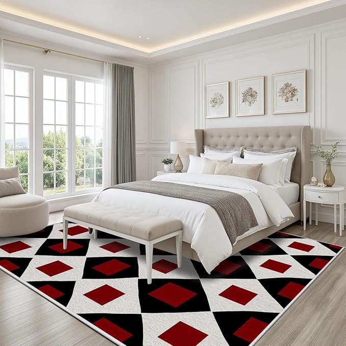 Plaid Rug 5x8, Vintage Geometric Soft Ultra Soft Faux Wool Low Pile Rug, Indoor Floor Mats Carpet, Non-Slip Stain Resistant Washable Rugs, Modern Red Rugs for Living Room Home Office Decor