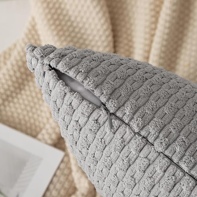 Kevin Textile Euro Sham Pillow Covers 28x28 Inch 2 Packs Soft Boho Striped Corduroy Decorative Throw Pillows for Living Room Couch Bed Sofa Rustic Farmhouse Home Decor 71x71cm Light Grey