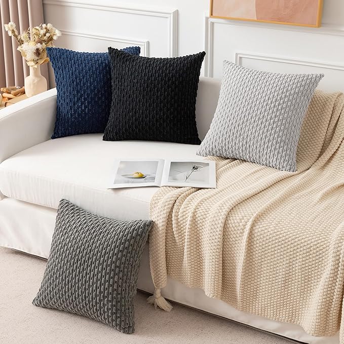 Kevin Textile Pack of 2 Corduroy Decorative Throw Pillow Covers 26x26 Inch Soft Boho Striped Pillow Covers Modern Farmhouse Home Decor for Spring Sofa Living Room Couch Bed Black