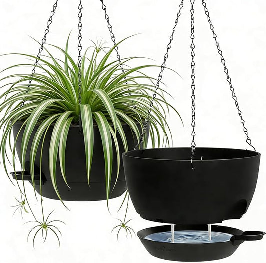 13 Inch 2 Pack Large Self Watering Hanging Planters for Indoor Outdoor Plants, Hanging Plant Pots with Removable 50 Oz Reservoir, Plastic Hanging Basket for Window Porch Garden Balcony, Black