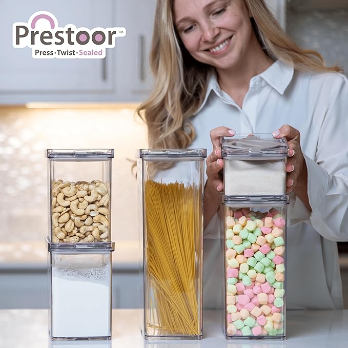 Prestoor 4-Pack Small Pantry Containers, 0.8 QT/0.76 L Clear SAN Food Storage Canisters with Twist-Lock Lids, Stackable for Sugar, Tea Bags, Seasoning, Nuts, Snacks (Black)