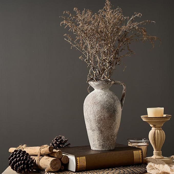 LUKA Ceramic Rustic Farmhouse Vase,9.25 inch Terracotta Vase with Handle,Neutral Tall Clay Vases Decorative Vases for Living Room,Table,Shelf Decor(Brown,L)