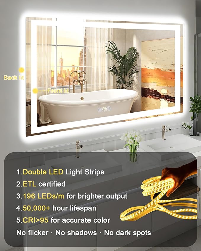 24"x 36" LED Bathroom Mirror with Front and Backlit, Wall Vanity Mirror with Lights, Controlled Separately LED Mirror for Bathroom, 3 Colors, Tempered Glass, Shatterproof, Anti-Fog, Memory(ETL)