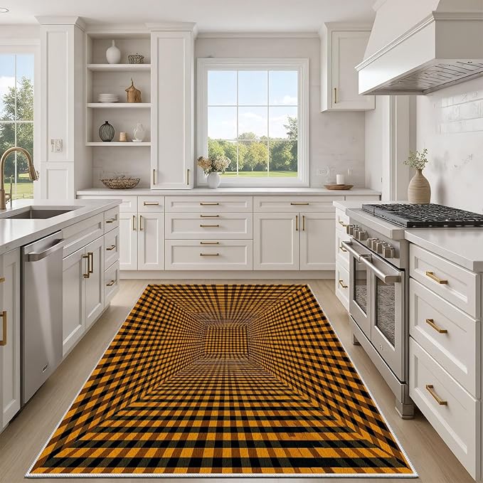3D Rugs Optical Illusion - Plaid Rug 5x8, Geometric Stripes Soft Neutral Indoor Floor Mats Carpet, Non-Slip Stain Resistant Modern Orange Rug for Bedroom, Living Room Rugs