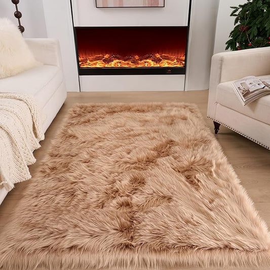 Fluffy Faux Fur Rug Brown Sheepskin Area Rug,4x6 Ft Ultra Soft Shaggy Plush Rug for Bedroom Bedside Living Room Nursery Kids Room