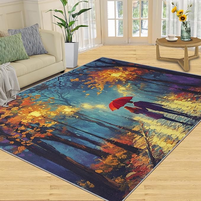 London Streets Washable Rugs 4x6 Rug for Living Room, Rainy Night Oil Painting 4x6 Rug Autumn Landscape Low-Pile Carpet for Bedroom Dining Non Slip Mat with Rubber Back