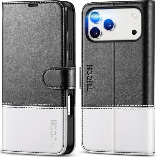 TUCCH Wallet Case for iPhone 17 Pro Max (6.9") 2025, 4 Card Holders, RFID Blocking, Stand, Shockproof TPU Shell, PU Leather, Magnetic Closure, Protective Flip Folio Cover, Black & White