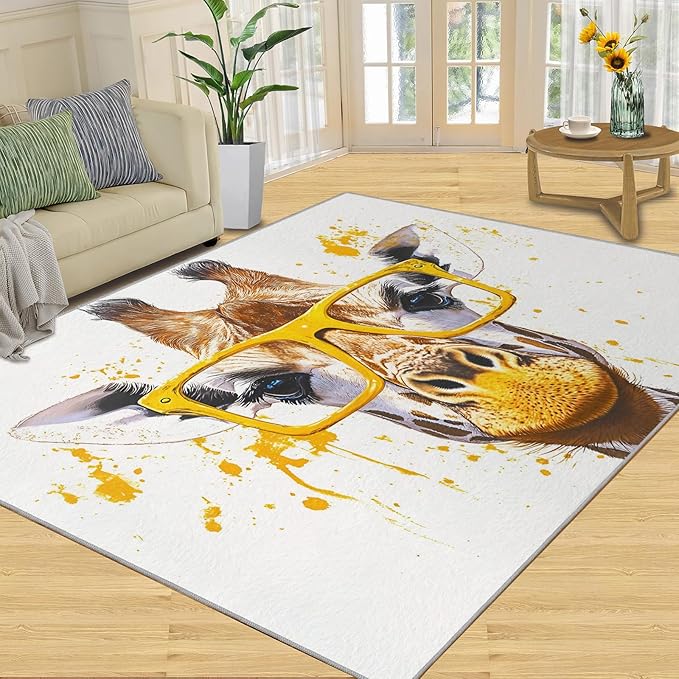 Giraffe 3x5 Area Rugs for Living Room, Funny Animals Washable Non Slip Rugs, Pop Art Low Pile Print Rug for Bedroom, Dining Room, Home Office