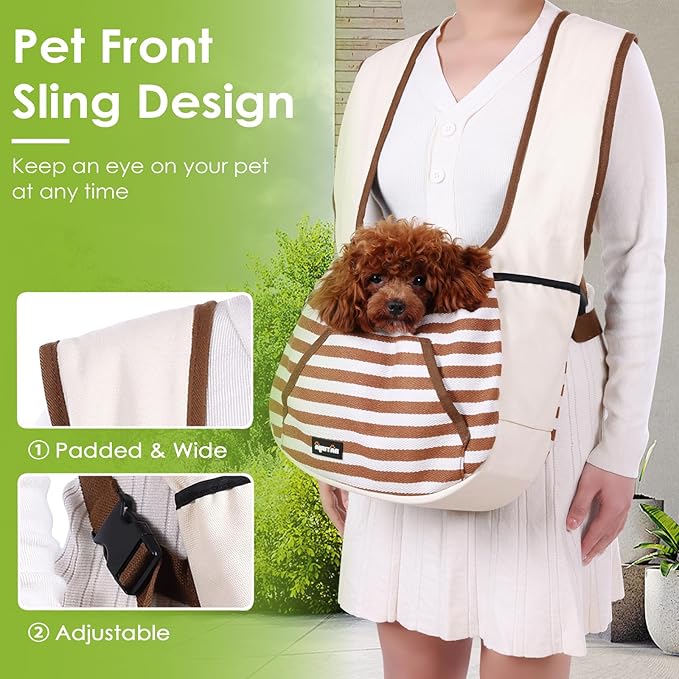 NATUYA Dog Sling Carrier Puppy Carrier, Adjustable Pet Front Sling Carrier Travel Bag with Bottom Pad, Pet Carrier for Small Dog Cat Puppy Traveling Hiking Camping (Khaki, 3-8 lb)