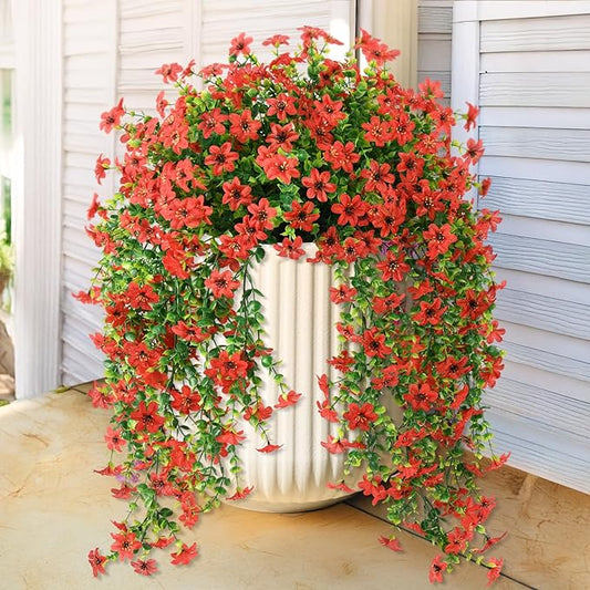 Artificial Hanging Flowers for Outdoors, 2 Pcs Fake Hanging Plant Spring Summer Decor, UV Resistant No Fade Realistic Faux Flower for Front Door Porch Planter Patio Garden Yard (Red)