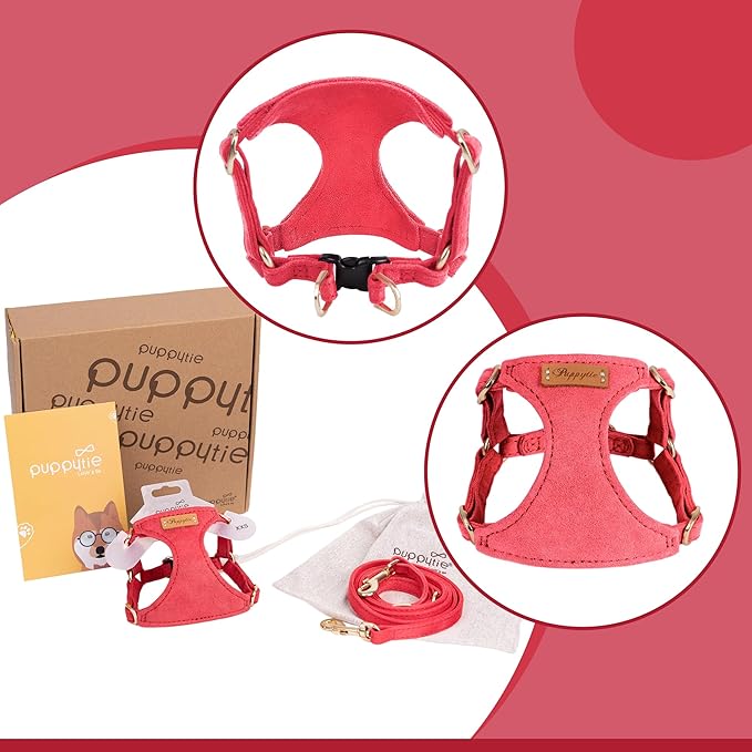 Puppytie No Pull XXS Puppy Harness with Multifunction Dog Leash,Soft Adjustable No Choke Escape Proof Pet Harness Vest,red-Camellia,XXS