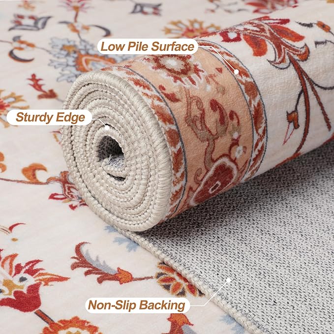 Tangsoo Floral Area Rug 5x7 Machine Washable Orange Rug Non-Slip Vintage Distressed Boho Print, Soft Low Pile Carpet for Living Room, Bedroom, Dining Room, Pet & Child Friendly (Orange Home Decor)