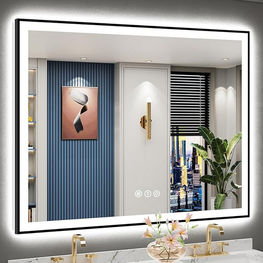50x40 Inch Black Framed LED Bathroom Mirror with Lights, Backlit & Front Lit, Anti-Fog Lighted Vanity Mirrors for Bathroom Wall, Dimmable, 3-Color Light, Memory, Shatter-Proof, Tempered Glass