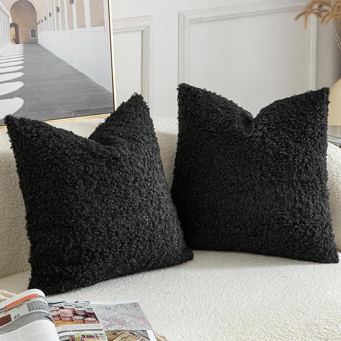Yaertun Pack of 2 Faux Fur Throw Pillow Covers Decorative Sherpa Boucle Pillow Covers Fuzzy Soft Pillowcases Sheepskin Fleece Cushion Case for Couch Sofa Bed Living Room 24x24 Inch Black