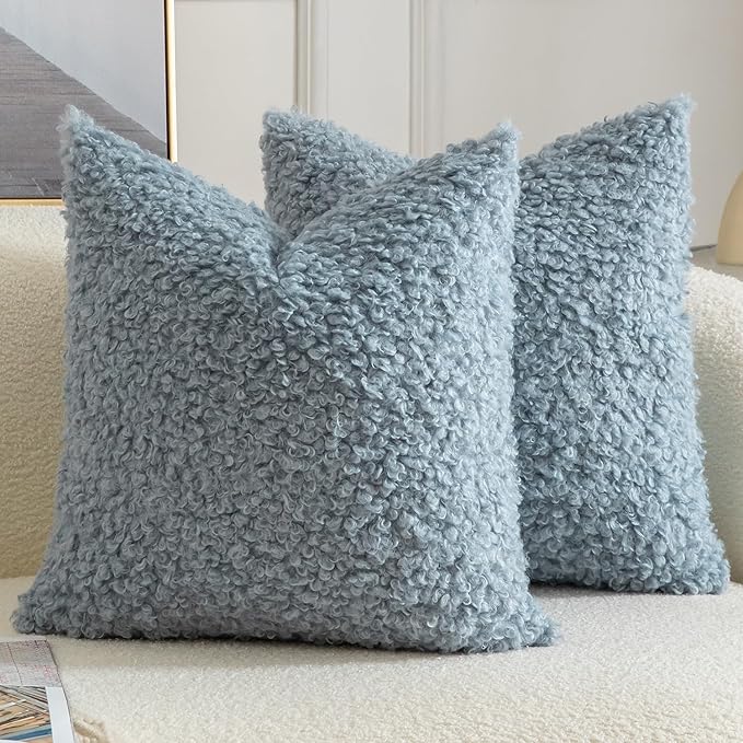 Yaertun Pack of 2 Faux Fur Throw Pillow Covers Decorative Sherpa Boucle Pillow Covers Fuzzy Soft Pillowcases Sheepskin Fleece Cushion Case for Couch Sofa Bed Living Room 22x22 Inch Light Blue