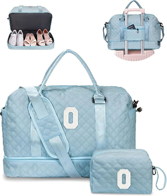 Vogewood Personalized Gifts-Teen Duffle Bag with Shoe Compartment, Personalized Weekender Bag, Monogram Overnight Bag, Letter Travel Bag with Makeup Bag，Birthday Gift For Grandma (Letter O)