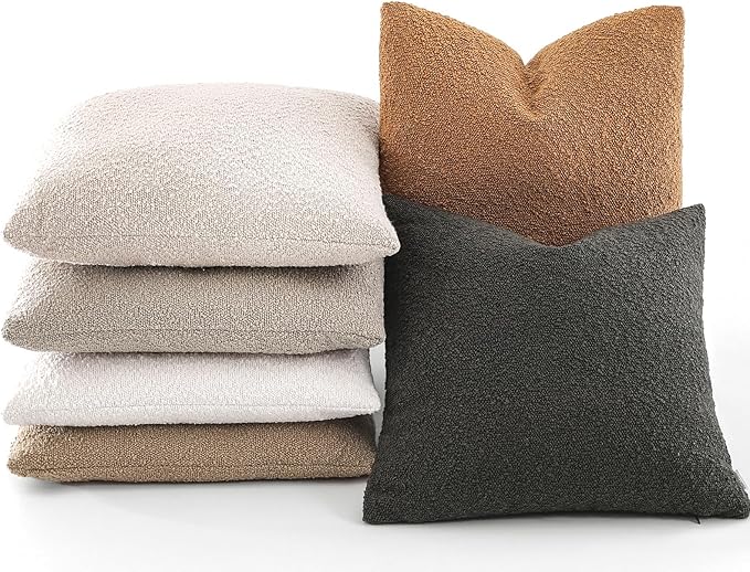 Boucle Decorative Throw Pillow Covers for Couch Set of 2, 18x18 inches, Tobacco