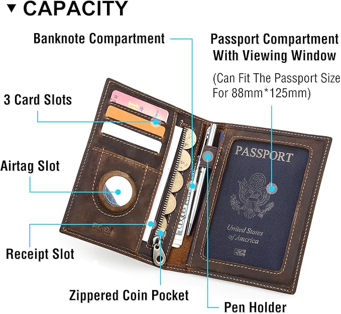 Top Grain Leather Single Travel Passport Wallet Embossing Badge for Unisex, Folio Design for Passport & Multi Cards, RFID Blocking for Passport/Cards/Checks/Bills/AirTag, Coffee Default, FR