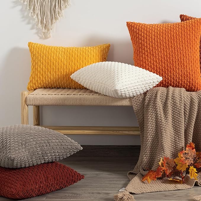 Kevin Textile Throw Pillow Covers Soft Corduroy Decorative Set of 2 Boho Striped Pillow Covers Pillowcases Farmhouse Home Decor for Couch Bed Sofa Living Room 24x24 Inch Light Brown