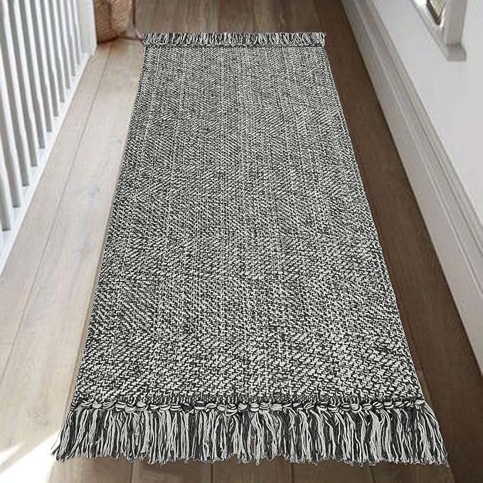 Collive Kitchen Runner Rug, 2' x 4.3' Hand-Woven Reversible Washable Rugs, Grey Cotton Modern Farmhouse Bathroom Mat Hallway Carpet for Foyer Bedroom Entry Back Door Decor