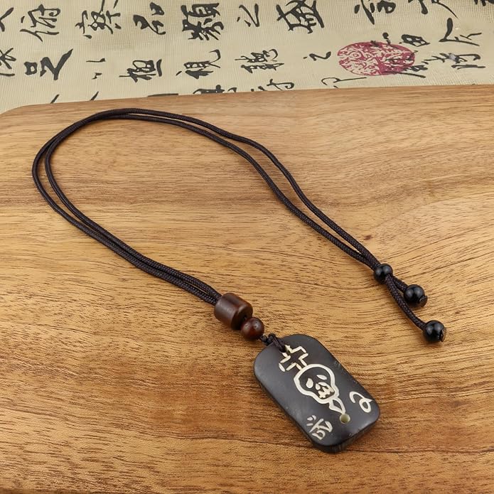 Handmade Black Bull Bone Pendant Necklace, Traditional Tribal Design, Wooden Beads, Adjustable Braided Rope, 24 Inch, Surfer Style