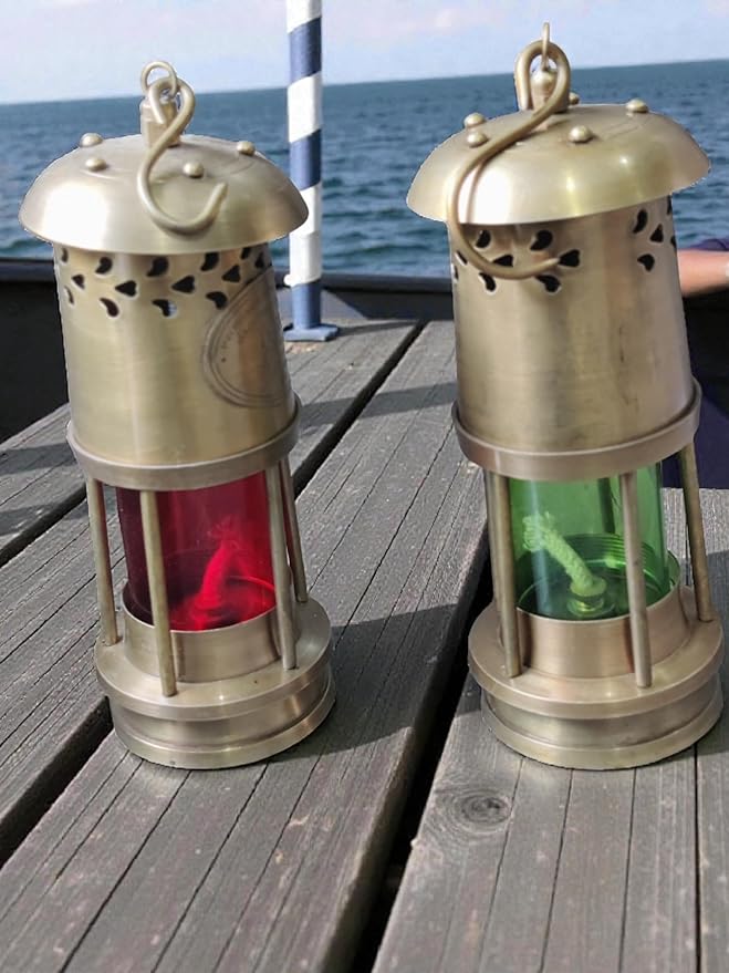 BRASSWOOD TALE & Atelier Brass Oil Lamp, Nautical Ship Lantern with Green Glass, 6 Inch, Polished Finish, Marine Décor