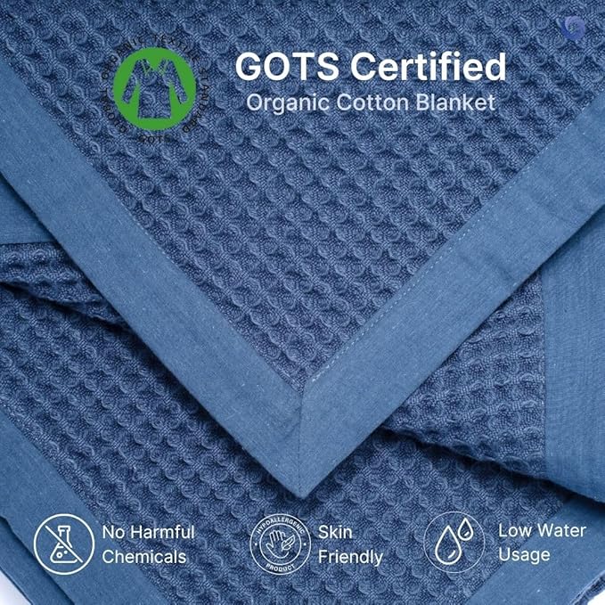 GOTS Certified Organic Cotton Waffle Weave Blanket, Twin Bed Size, 66"X90"Cozy Throw Blanket for Couch, Modern Home Decor, Throw Blankets,Comfy Waffle Blanket Soft Bed Blankets -Navy Blue