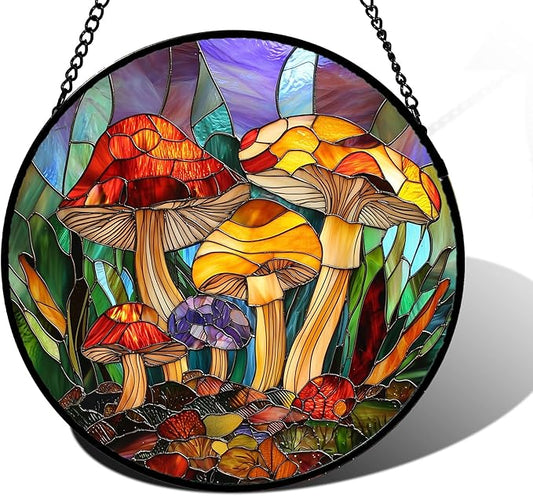 DASTOLL Stained Glass Window Hanging, Jungle Mushrooms Sun Catchers Diamond Glass Panel Hangings Plant Suncatcher Decor for Birthday for Women,Men, Wife, Aunt,and Mom 6.3X6.3 in
