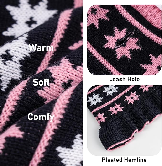 KYEESE Dog Sweater Fall Winter for Girl Dog Clothes Warm Pet Coats Dogs Sweater Dress with Snowflake Pattern Knit Turtleneck Pullover with Leash Hole for Small Dogs, Girl Navyblue, X-Large