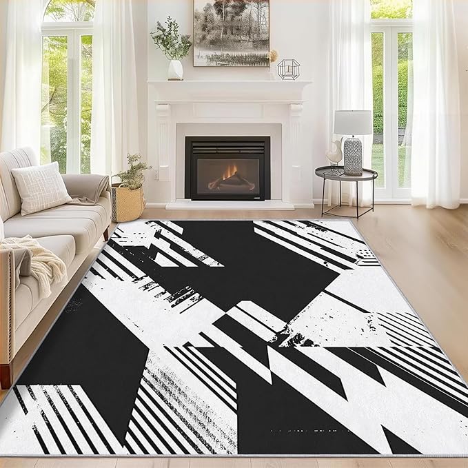 Black and White Rugs for Home Decor, 5x7 ft, Abstract Geometric Area Rugs for Living Room, Soft Non Slip Washable Modern Minimalist Carpet Bedroom Decorations Dt-Ghf-31