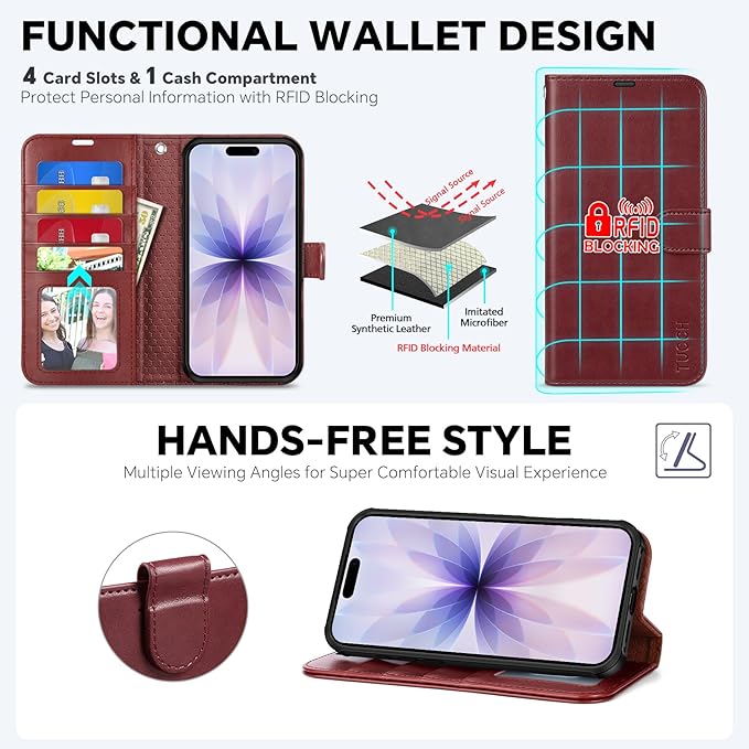 TUCCH Detachable Case Wallet for iPhone 17 (6.3") 2025, Wrist Strap | 4 Card Holders RFID Blocking | Wireless Charging | Stand | 2-in-1 Magnetic | PU Leather | Shockproof Folio Cover | Dark Red