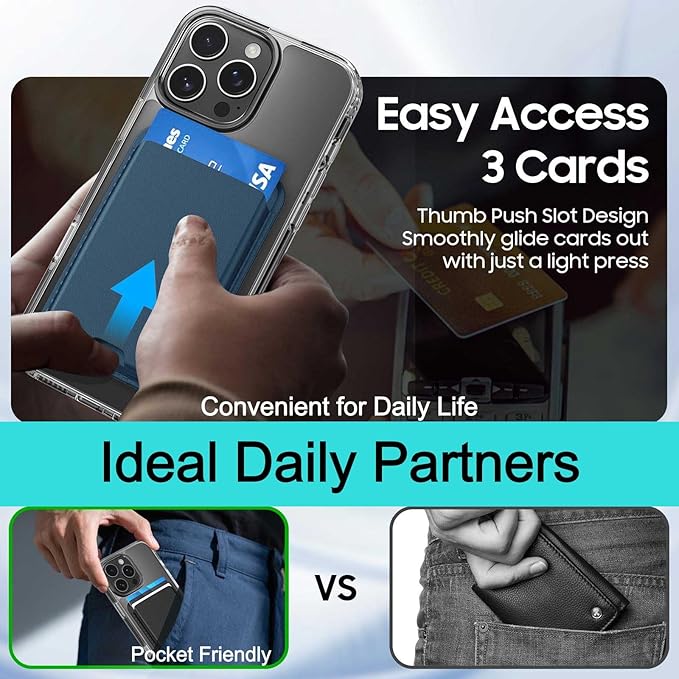 Ntwinro Magnetic for iPhone 15 Pro Clear Case (Compatible with MagSafe) with Blue Detachable Wallet & Card Holder for 3 Cards [RFID Blocking] Military Grade Protective Slim Phone Cover