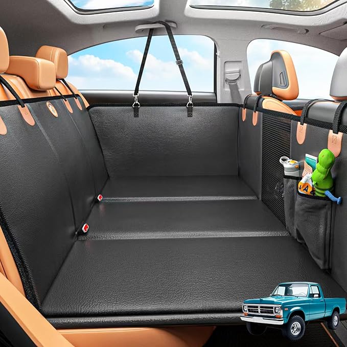 Back Seat Extender for Dogs, Hard Bottom Dog Car Seat Cover for Truck Back Seat, Dog Hammock for Car, Upgraded PU Leather Material, Larger Space, Holds 400lbs