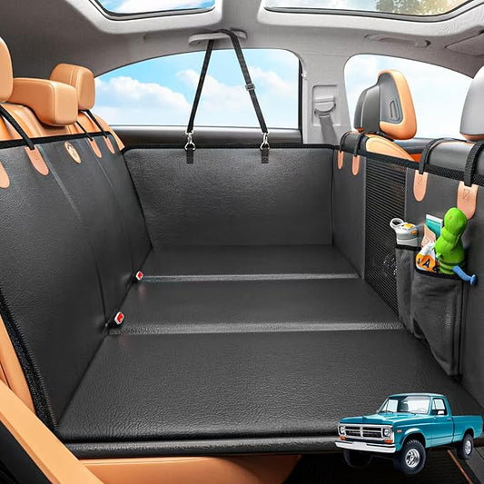 Back Seat Extender for Dogs, Hard Bottom Dog Car Seat Cover for Truck Back Seat, Dog Hammock for Car, Upgraded PU Leather Material, Larger Space, Holds 400lbs