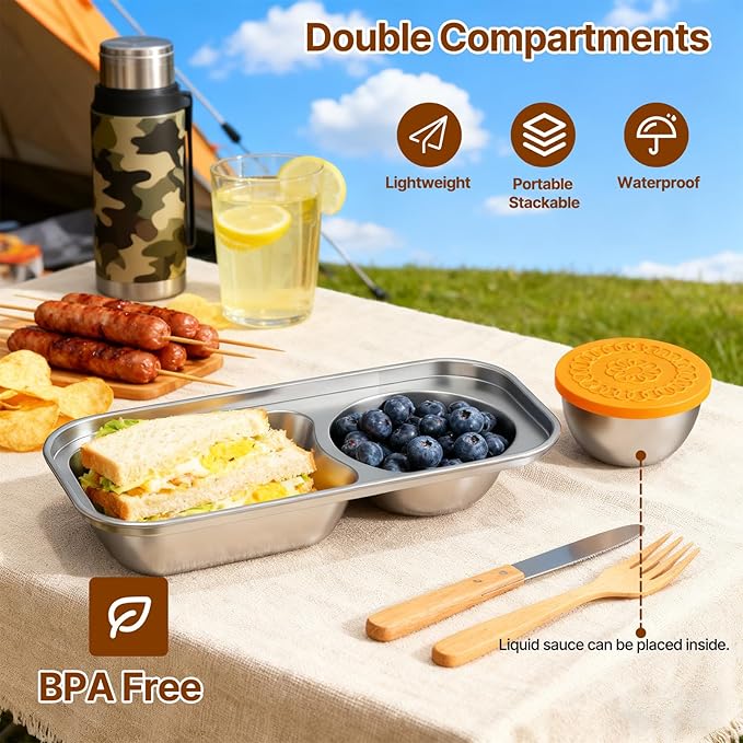 Kitlead 2 Compartment Grab and Go Snack Containers Reusable,Stainless Steel Snack Containers with Lid for Travel, Outdoor Camping and Daily Use (Set of 8)