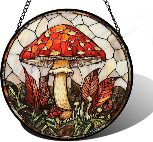DASTOLL Stained Glass Window Hanging, Big Red Mushroom Suncatcher for Doors Home Sun Catchers Decoration and Christmas, Mother's Day Birthday Gifts for Women, Men, and Mom 7.8 in