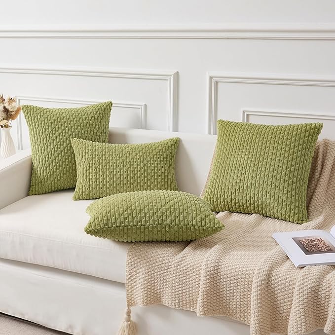 Kevin Textile Spring Decorative Pillow Covers Set of 2 Striped Plush Corduroy Pillows Pillowcases Boho Home Decor Cushion Covers for Couch Sofa Bed Living Room 20x20 Inch, Grass Green