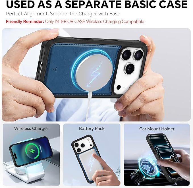 TUCCH Detachable Case Wallet for iPhone 17 Pro (6.3") 2025, Wrist Strap | 4 Card Slots RFID Blocking | Wireless Charging | Stand | 2-in-1 Magnetic | PU Leather | Shockproof Folio Cover | Light Blue