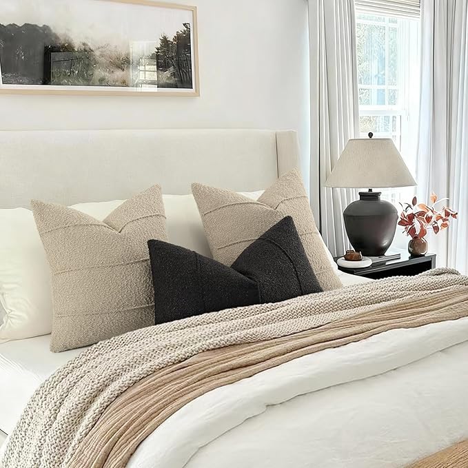 YCOLL Textured Boucle Throw Pillow Covers 24x24 Pack of 2 - Soft Neutral Striped Cushion Covers, Cozy Accent Decorative Pillow Covers for Couch, Sofa, Bed, Living Room (Oatmeal)