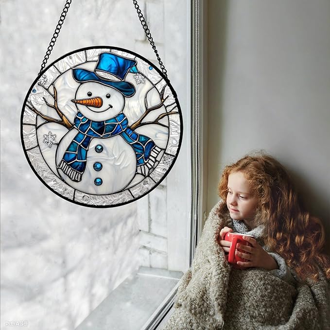 Stained Glass Window Hanging Christmas Snowman Blue White 7.8" - Suncatcher Door Garden Sun Catcher Home Decor Birthday Mother's Day Xmas Gift for Mom Men Woman Her Nana Parents Girl