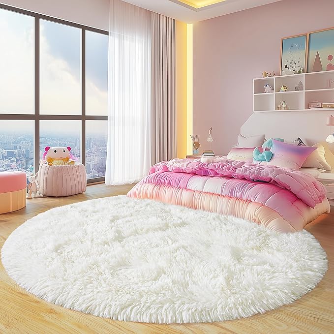 Round Fluffy Rugs 3Ft for Girls Bedroom, Cream White Shag Circle Kids Rug Non-Slip for Bedside Dorm Nursery Playroom, Soft Cute Area Rugs for Living Room Decor