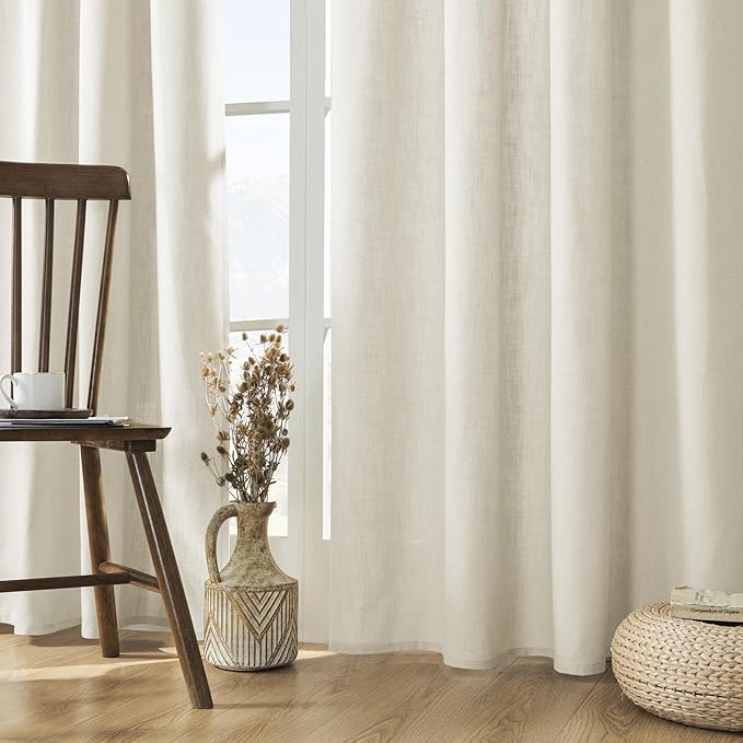 Joydeco Linen Curtains 2 Panel Set, Light Filtering, Ivory Linen Curtains 90 Inch Cream Drapes with Rod Pocket Back Tab (90" L x 37" W)