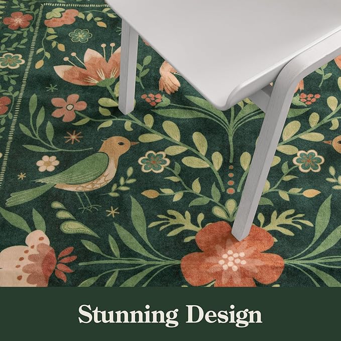 Moynesa 3x5 Kitchen Rug, Modern Cottage Washable Non-Slip Low Pile Area Rug for Bedroom Entryway Entrance Aesthetic,Lightweight Foldable Farmhouse Floral Bird Print Pattern Carpet Retro Home Decor