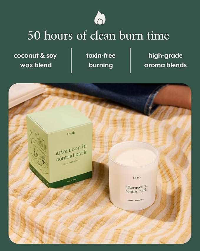 Literie NYC Inspired Scented Candle: Afternoon in Central Park - Grass & Bergamot Scent, 9oz, 50 Hour Burn, Vegan Soy & Coconut Blend Candle for Home Decor, Gift for Women & Men