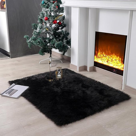Faux Fur Rug Sheepskin Shag Fluffy Fuzzy Black 3x4 ft Rugs for Bedroom Bedside Bed Floor Living Room Plush Rectangle High-Density Cushion Carpet Super Sofa Cover