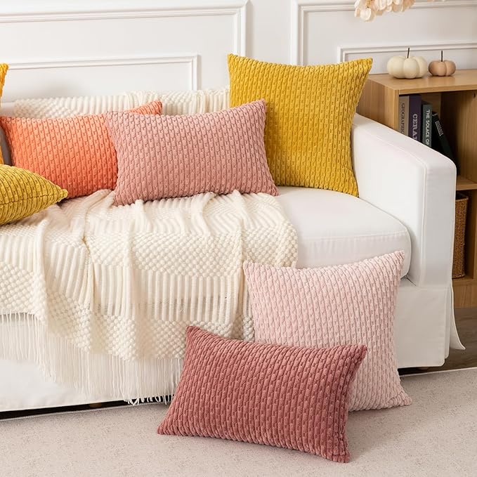 Kevin Textile Valentines Day Throw Pillow Covers Soft Corduroy Decorative Set of 2 Boho Striped Pillow Covers Pillowcases Farmhouse Home Decor for Couch Bed Sofa Living Room 26x26 Inch Blush Pink