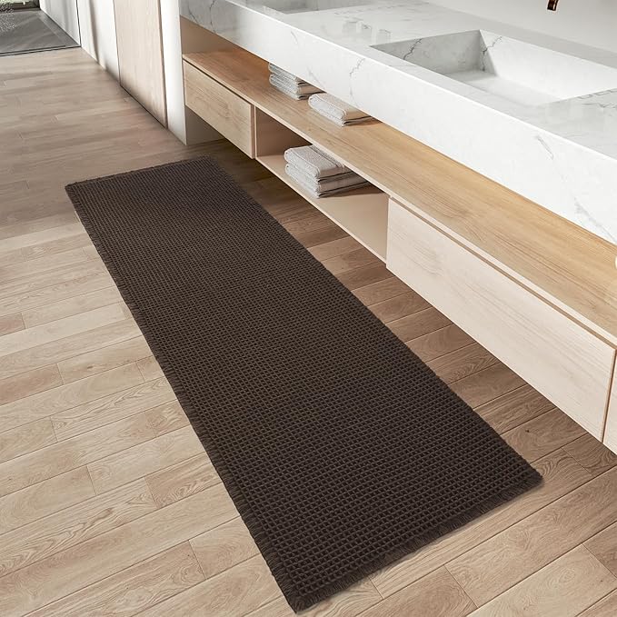 Upgraded Waffle Runner Rug Super Absorbent Non Slip Bath Mats for Bathroom Machine Washable Bathroom Runner Rug with Tassels, Ideal for Hallway Bedroom Laundry Room, Chocolate, 2'x 4'(24" x 48")