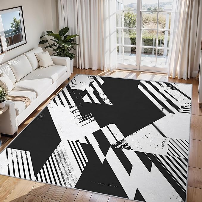 Black and White Rugs for Home Decor, 5x6 ft, Abstract Geometric Area Rugs for Living Room, Soft Non Slip Washable Modern Minimalist Carpet Bedroom Decorations Dt-Ghf-31