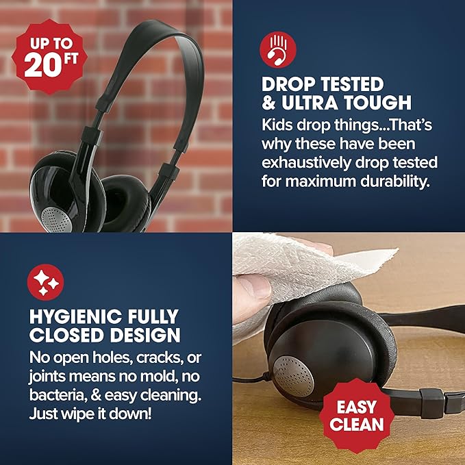 SENTRY Bulk Rugged School Headphones, Durable for Kids, Students, Teachers, Classrooms, 3.5mm or USB-C Jack Options, Optional Boom Mic for Online Learning (24 Count - USB C With Inline Mic, 24, Count)